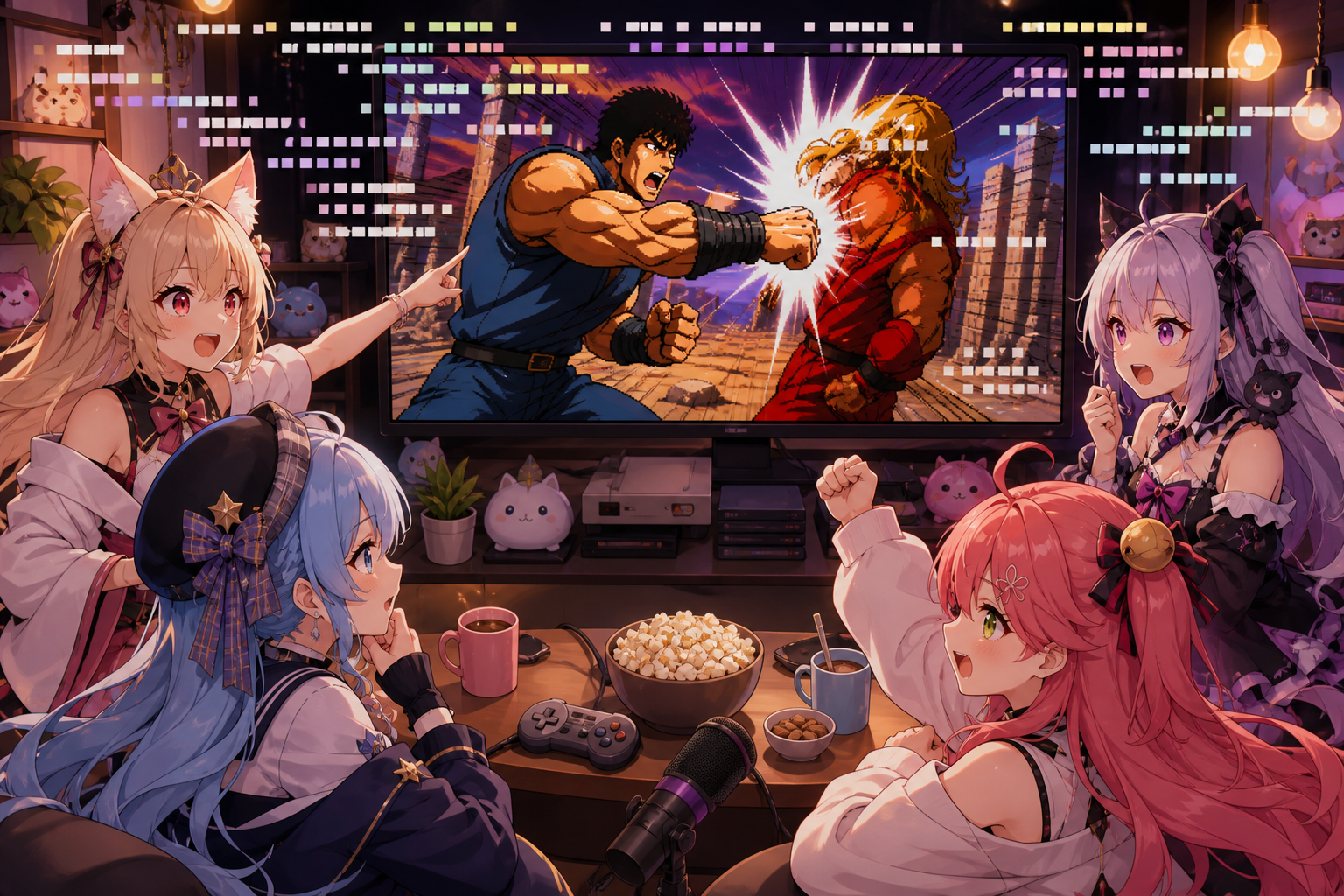 アニメ調の配信ルームで、VTuber風キャラクターたちがモニター上の格闘アニメを一緒に視聴するリレー実況のイメージ
