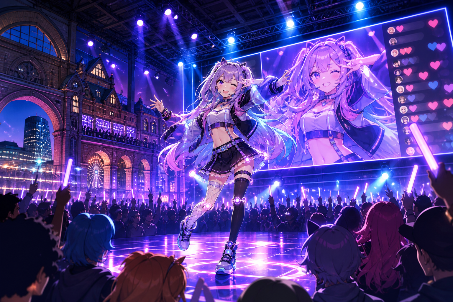 アニメ調のコンベンションホールで、VTuber風キャラクターがステージライブを配信し、モニター越しに海外の観客が応援するイメージ