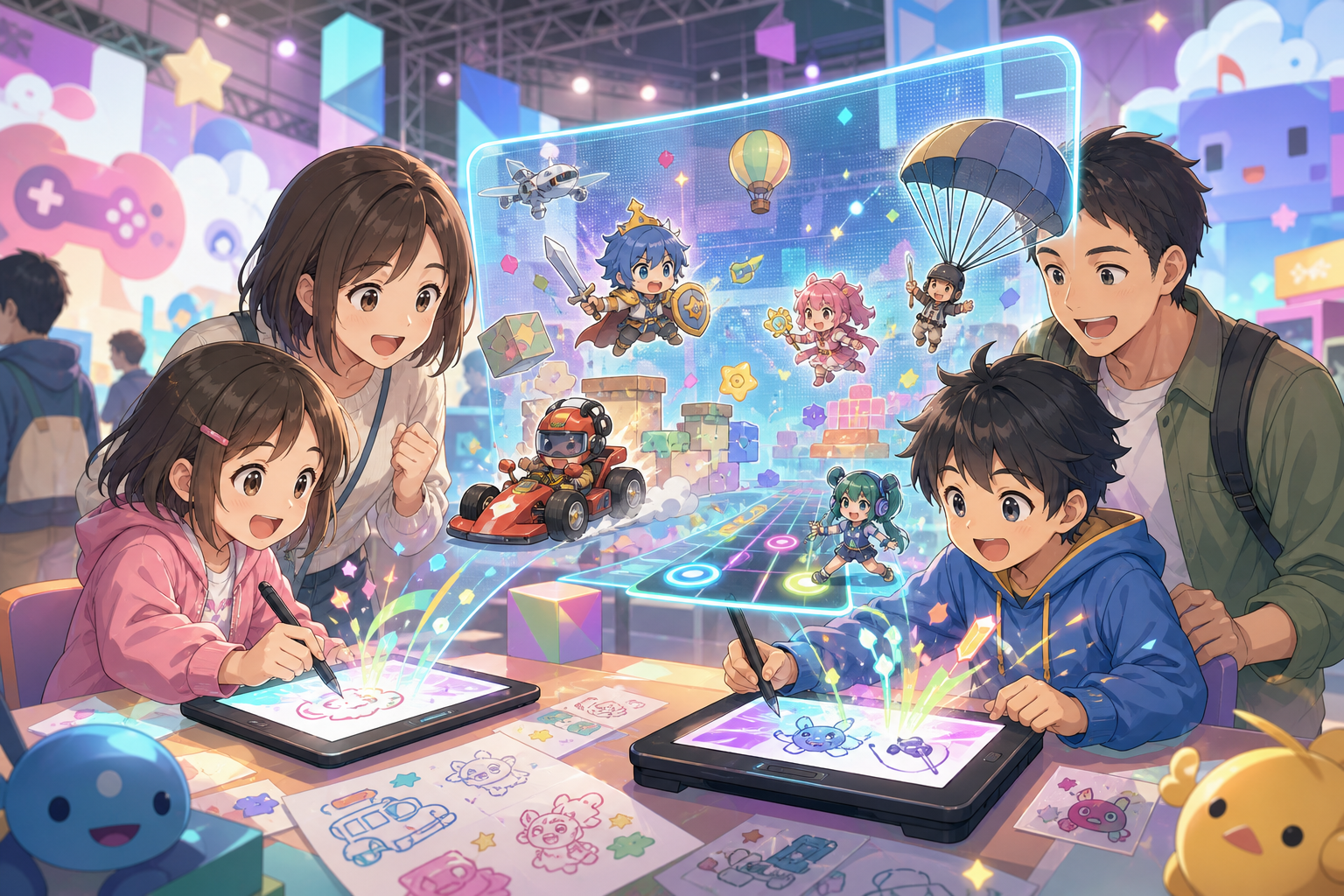ファミリーゲームパークで子どもが描いた絵がミニゲームに変わる様子を描いたアニメ調イラスト。タブレットと浮かぶゲーム画面が並ぶ