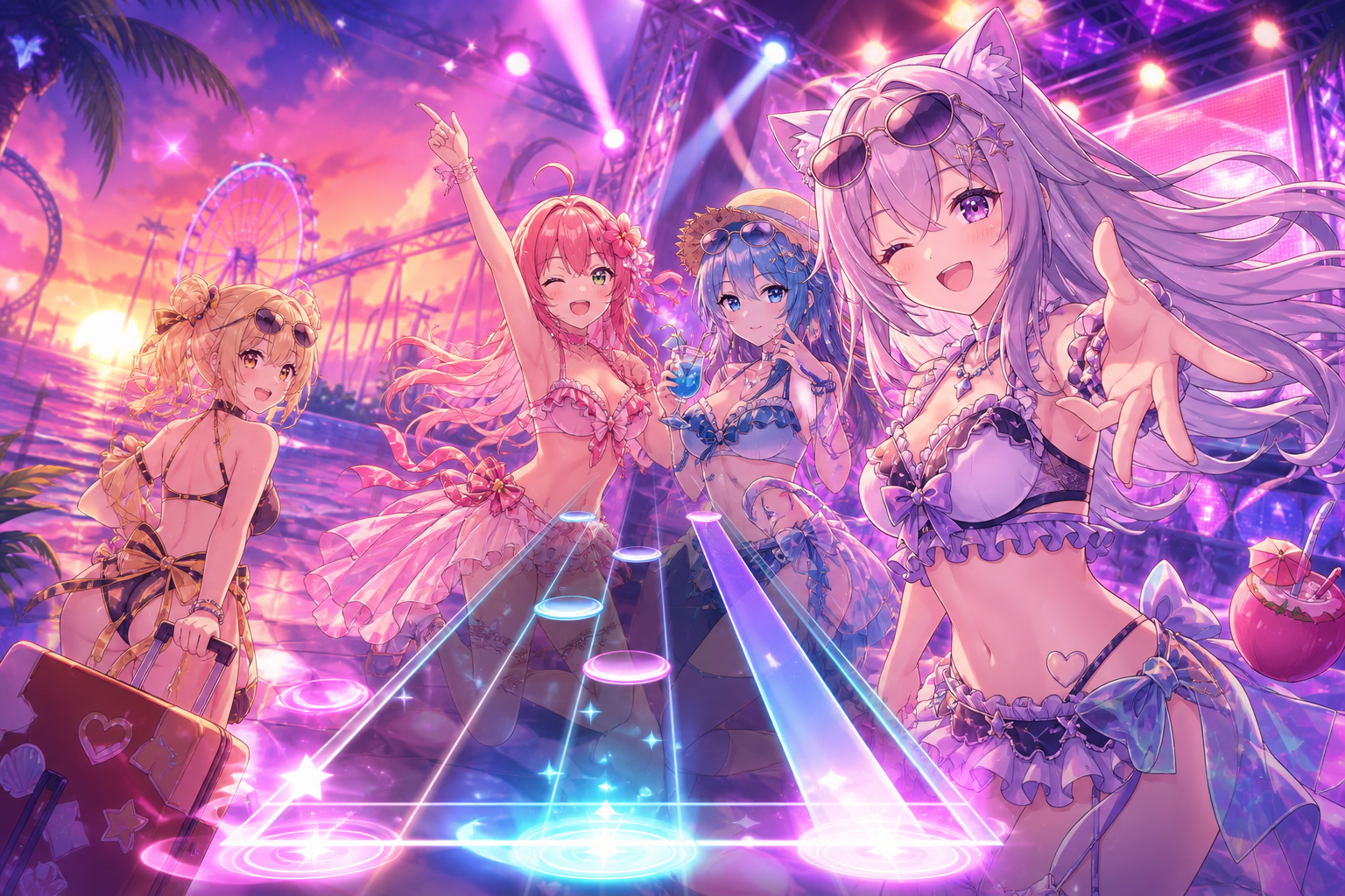 アニメ調の夏のリゾート舞台で、VTuber風キャラクターがリズムゲームのノーツとスーツケースを背景に夏イベント配信を楽しむイメージ