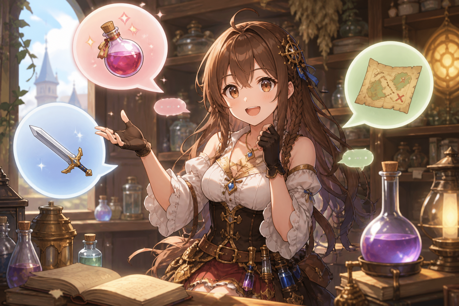 錬金術の工房でスマートフォンのチャット画面越しに冒険の相談をする少女キャラクターと、調合や旅のアイコンが浮かぶアニメ調イラスト