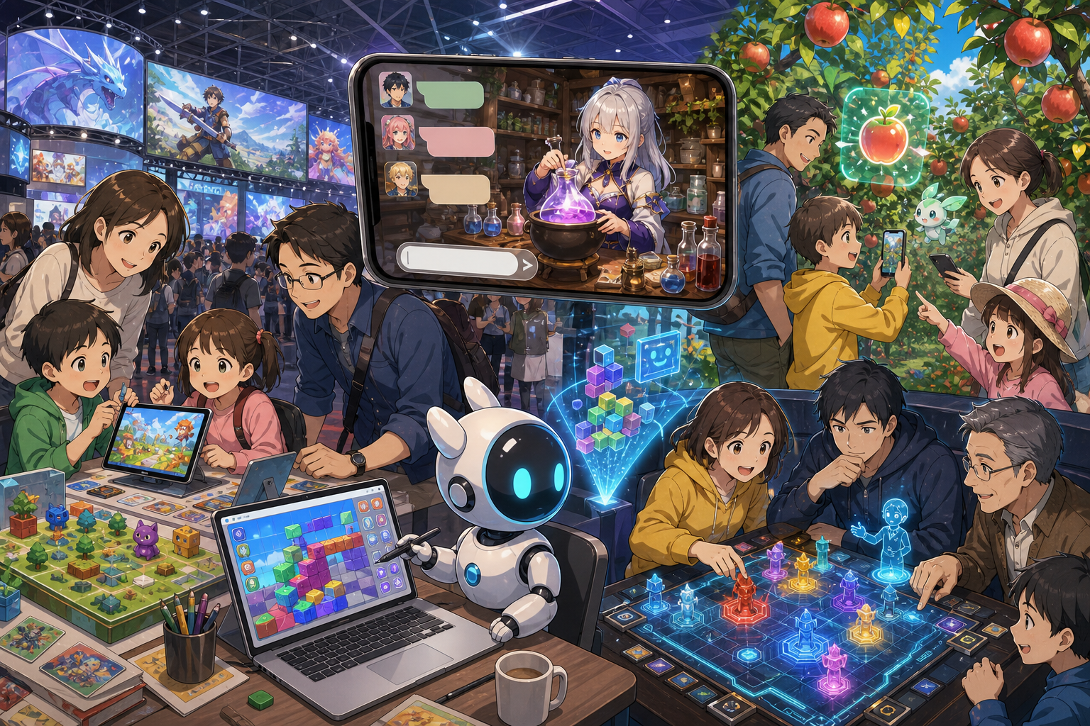 東京ゲームショウの家族向けブース、スマホのチャットRPG、AIエージェントが組むブラウザパズル、果樹園の探索ゲーム、卓上AIボードゲームが一週間のゲームニュースとして並ぶアニメ調キービジュアル