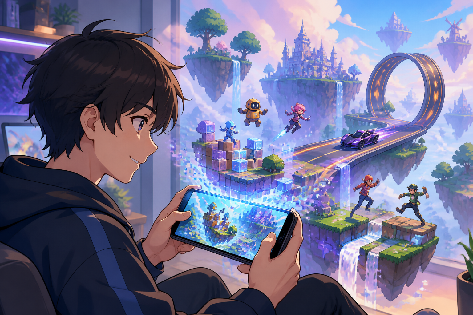 浮遊する立体パズルブロックとレースコースが重なる幻想的なゲーム世界を、スマートフォン画面から眺めるプレイヤーのアニメ調イラスト