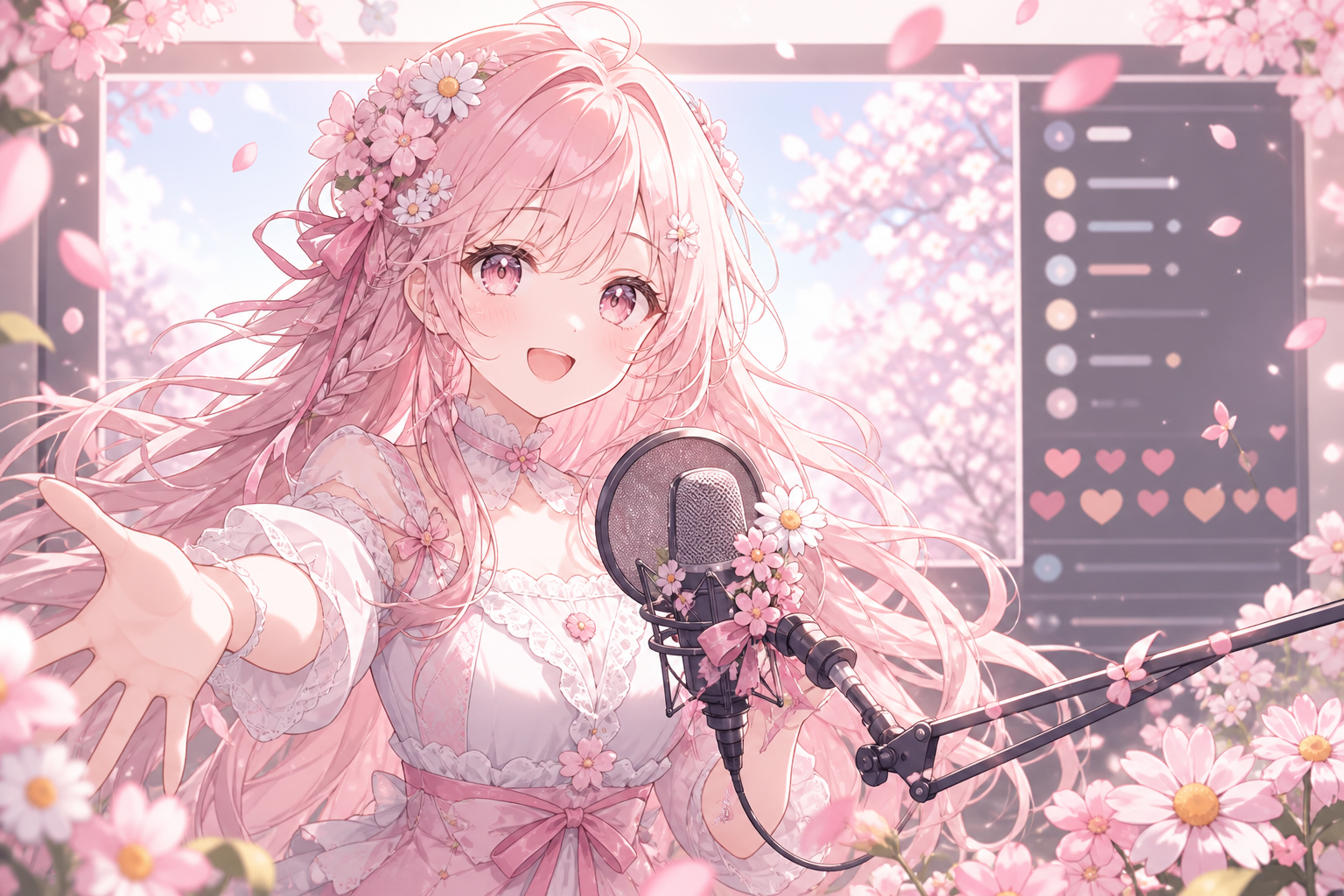 白いヒナギクと春風をモチーフにした優しいAI VTuberが、YouTubeライブ配信画面の前で微笑むアニメ調イラスト