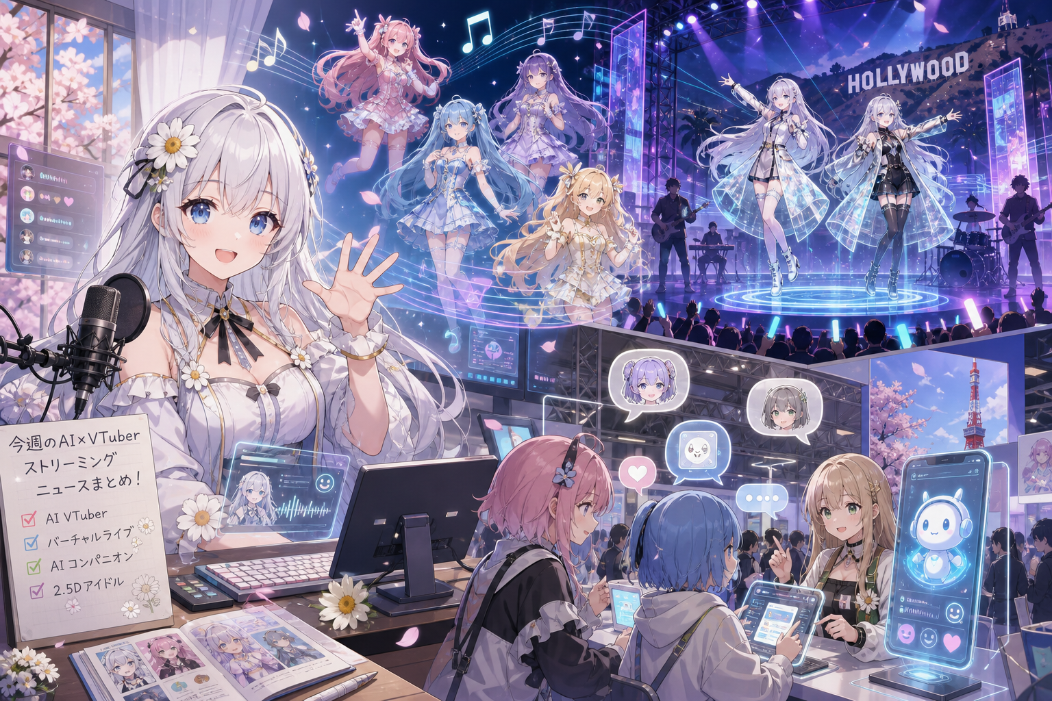 AI相棒アプリのTGSブース、ハリウッドのXRライブステージ、春風系AI VTuberのYouTube配信、2.5Dバーチャルアイドルの楽曲リリースが一週間のニュースとして並ぶアニメ調キービジュアル