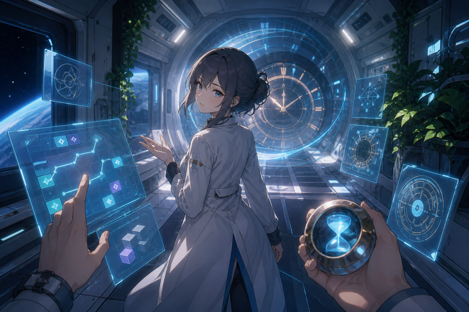 宇宙ステーションの廊下でホログラムのパズルに触れる科学者を、SF謎解きゲーム風に描いたアニメ調イラスト