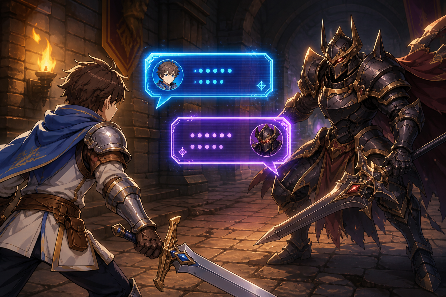 ファンタジー城のボス前で、主人公と敵騎士の間に浮かぶチャット吹き出しを描いたアニメ調イラスト
