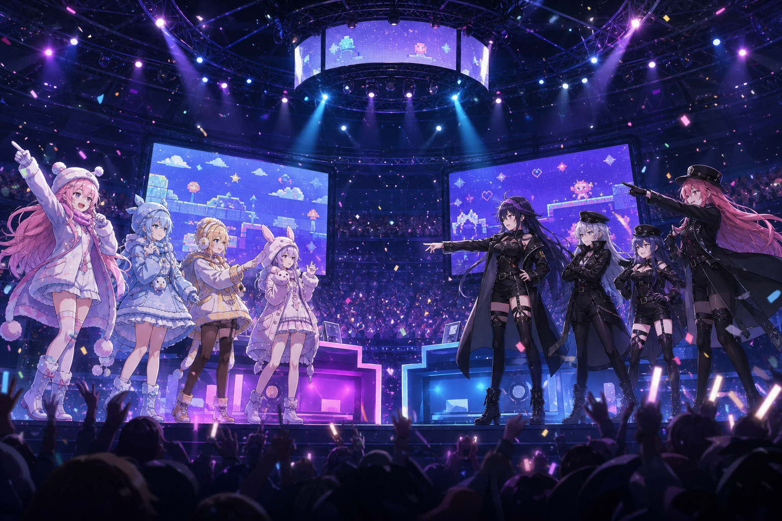 大規模アリーナのステージで、冬系コスチュームの4人組とダークな衣装の4人組が向かい合い、ゲーム対決風の演出でライブを行うアニメ調イラスト