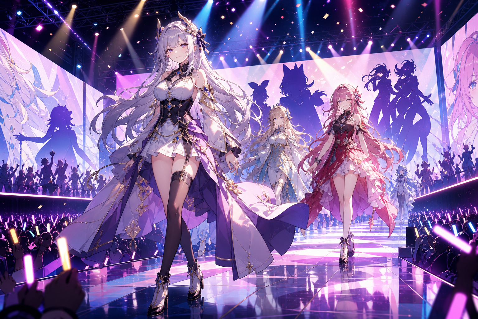 大規模ホールのランウェイ上で、カラフルな衣装のVTuber風キャラクターとアイドル風の出演者がライブ照明の下を歩くアニメ調イラスト