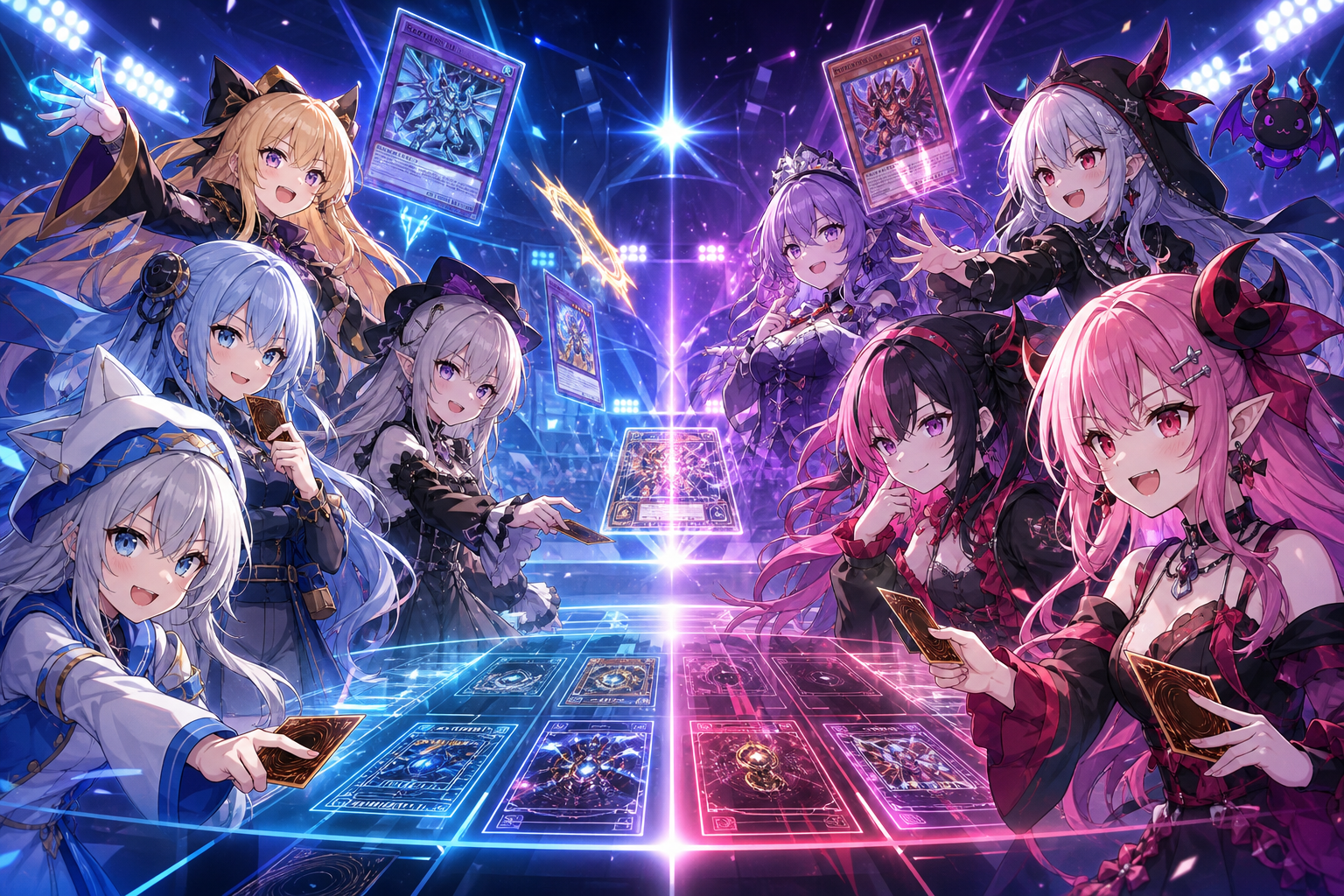 ホログラムのカードが舞うデュエルアリーナで、左右のVTuber風キャラクターが向かい合い観客席のライトが輝くアニメ調イラスト