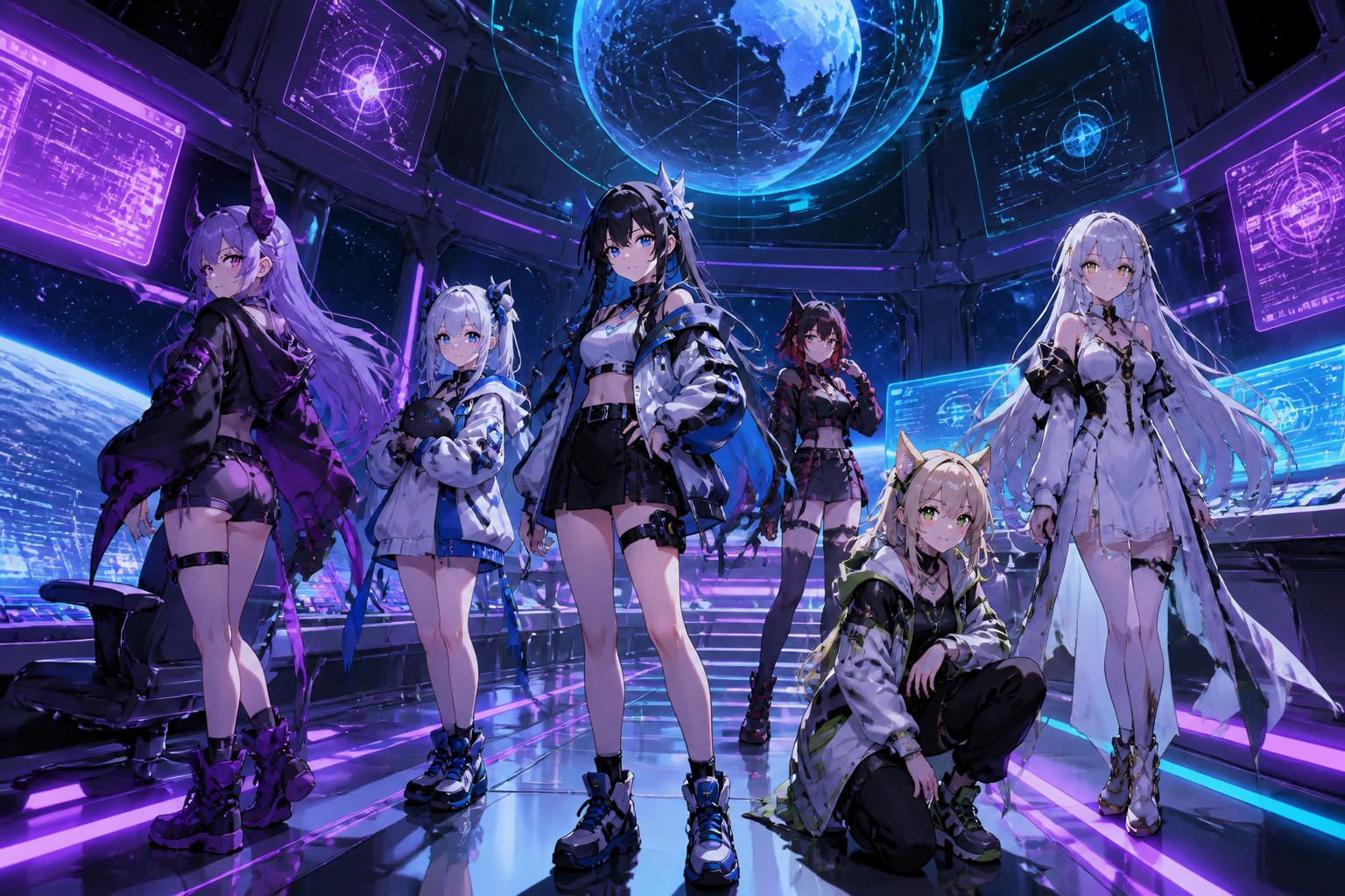 宇宙船のブリッジでネオンに照らされた6人のVTuber風キャラクターが並ぶ、紫とシアンの未来感あるアニメ調イラスト