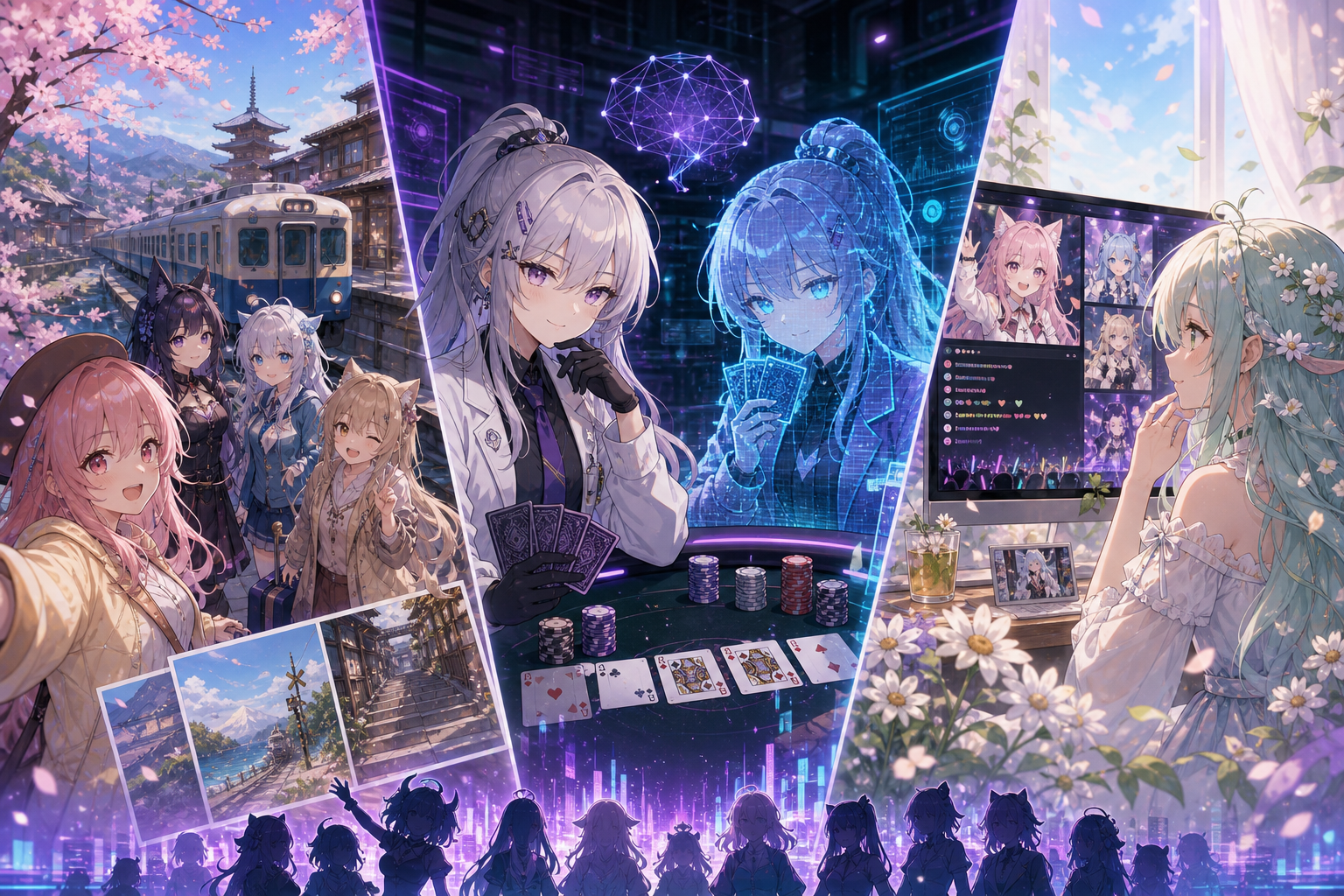 日本旅行アニメのティザー、ポーカーテーブルとAI分身、春風系AI VTuberのYouTube画面、ビジュアルノベル風AIチャットが一週間のヘッドラインとして並ぶアニメ調キービジュアル