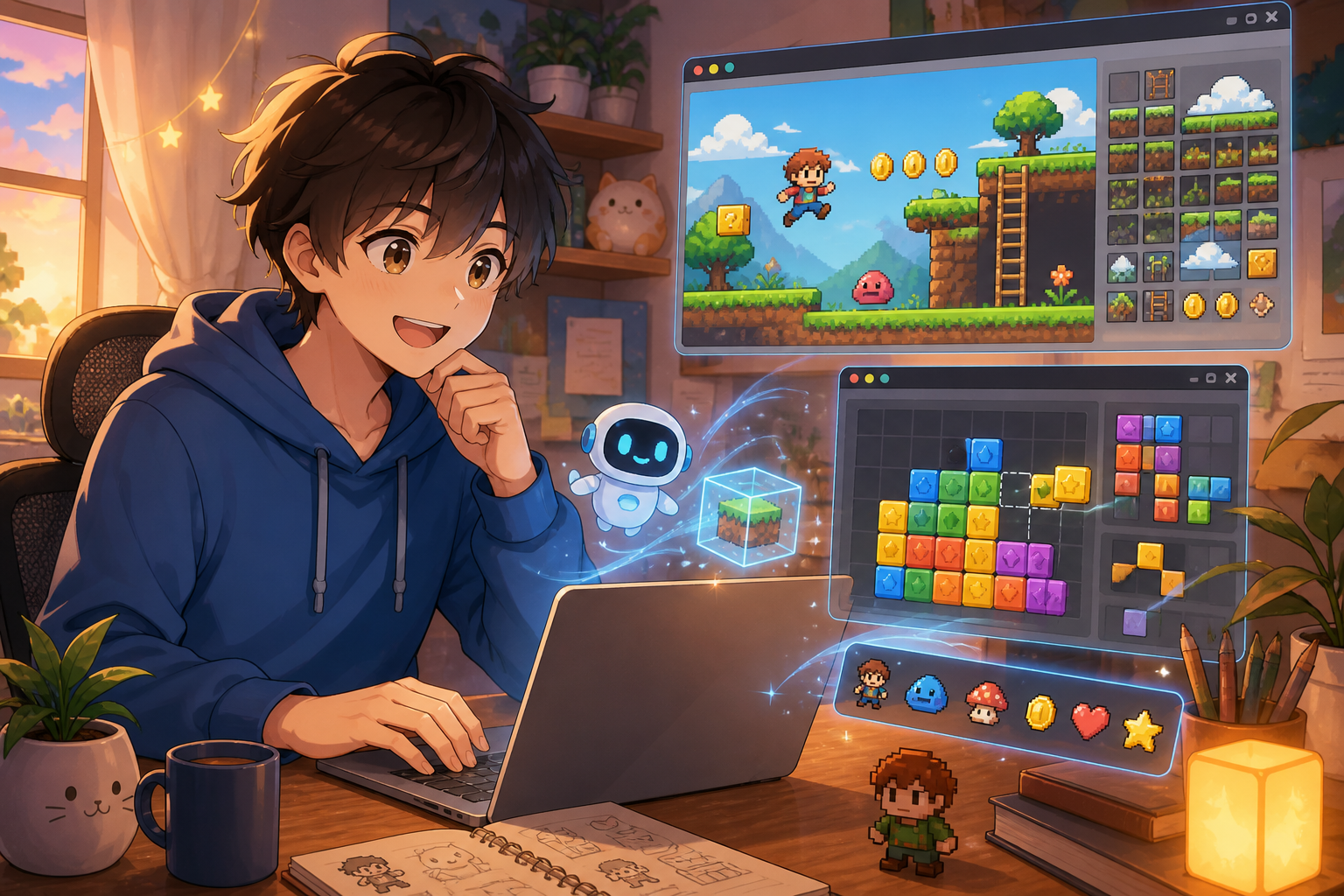 ノートPCのブラウザでカラフルな2Dゲーム画面が組み上がるのを見る、ゲーム制作に挑む人物のアニメ調イラスト
