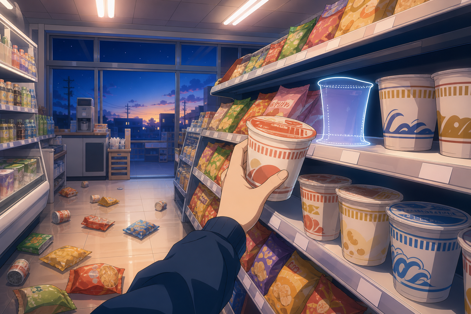 深夜のコンビニで床に散らばった商品を棚へ戻す一人称視点を想起させる、夜明けが差し込むアニメ調イラスト