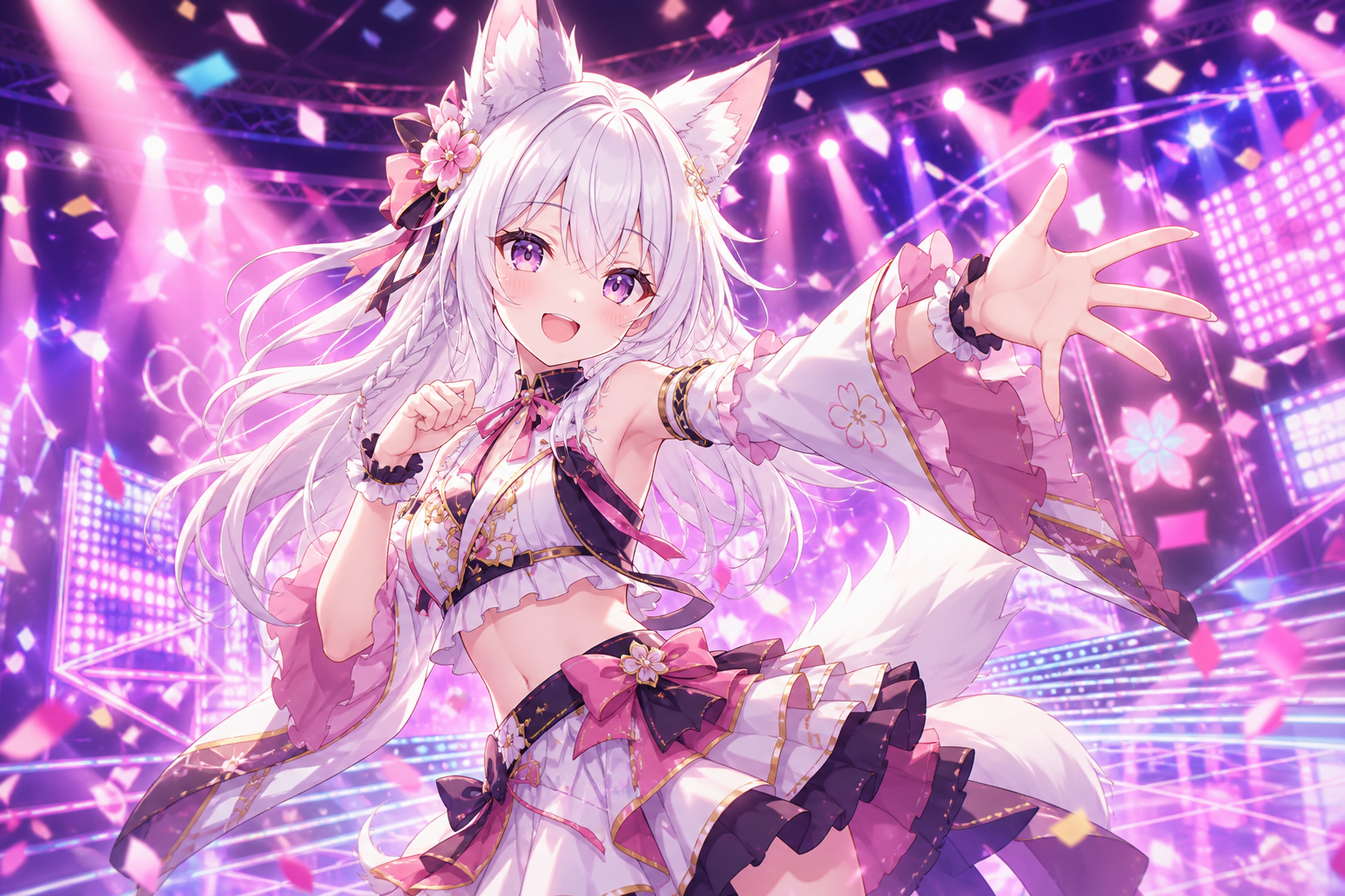 ネオンの3Dステージで歌う白髪ケモミミのバーチャルアイドルと、紙吹雪が舞うピンクと紫のアニメ調ライブイラスト