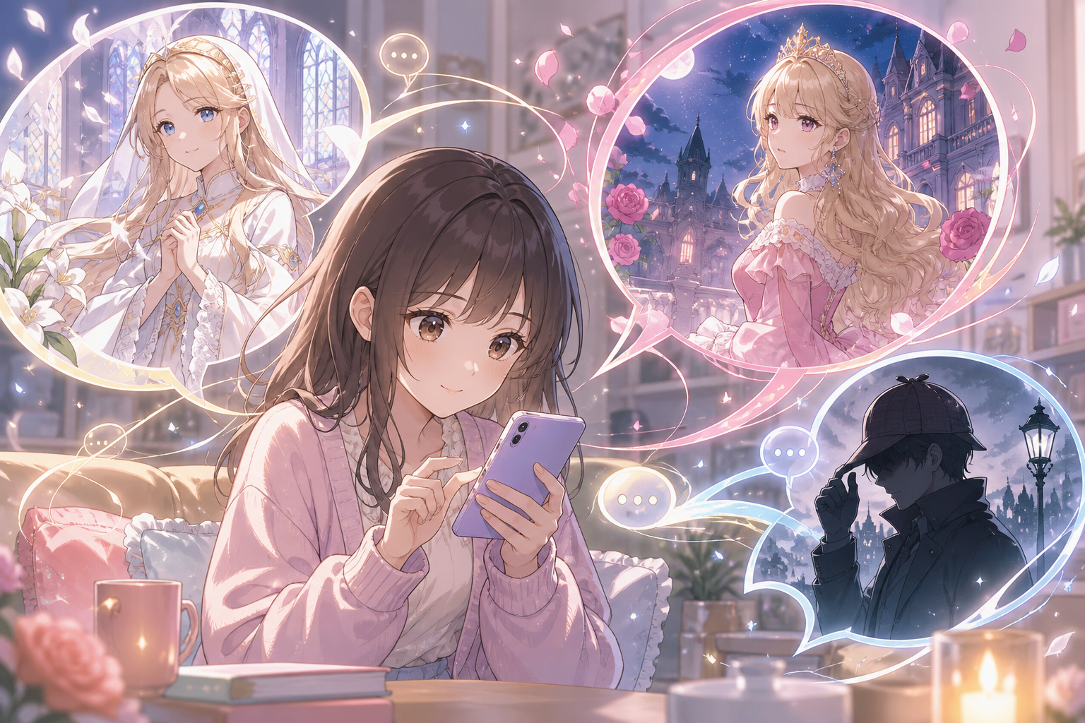 スマートフォン越しに物語のキャラクターたちと会話する主人公を描いた、対話型ノベルゲーム風のアニメ調イラスト