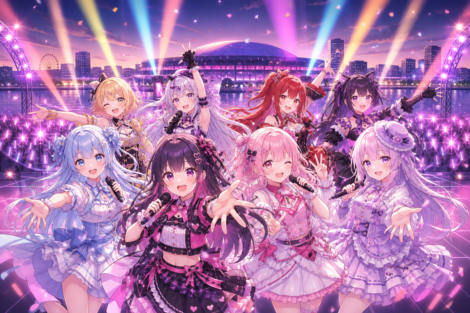 虹色のスポットライトが照らすステージで、アニメ調のバーチャルアイドルたちがライブパフォーマンスを披露するイラスト